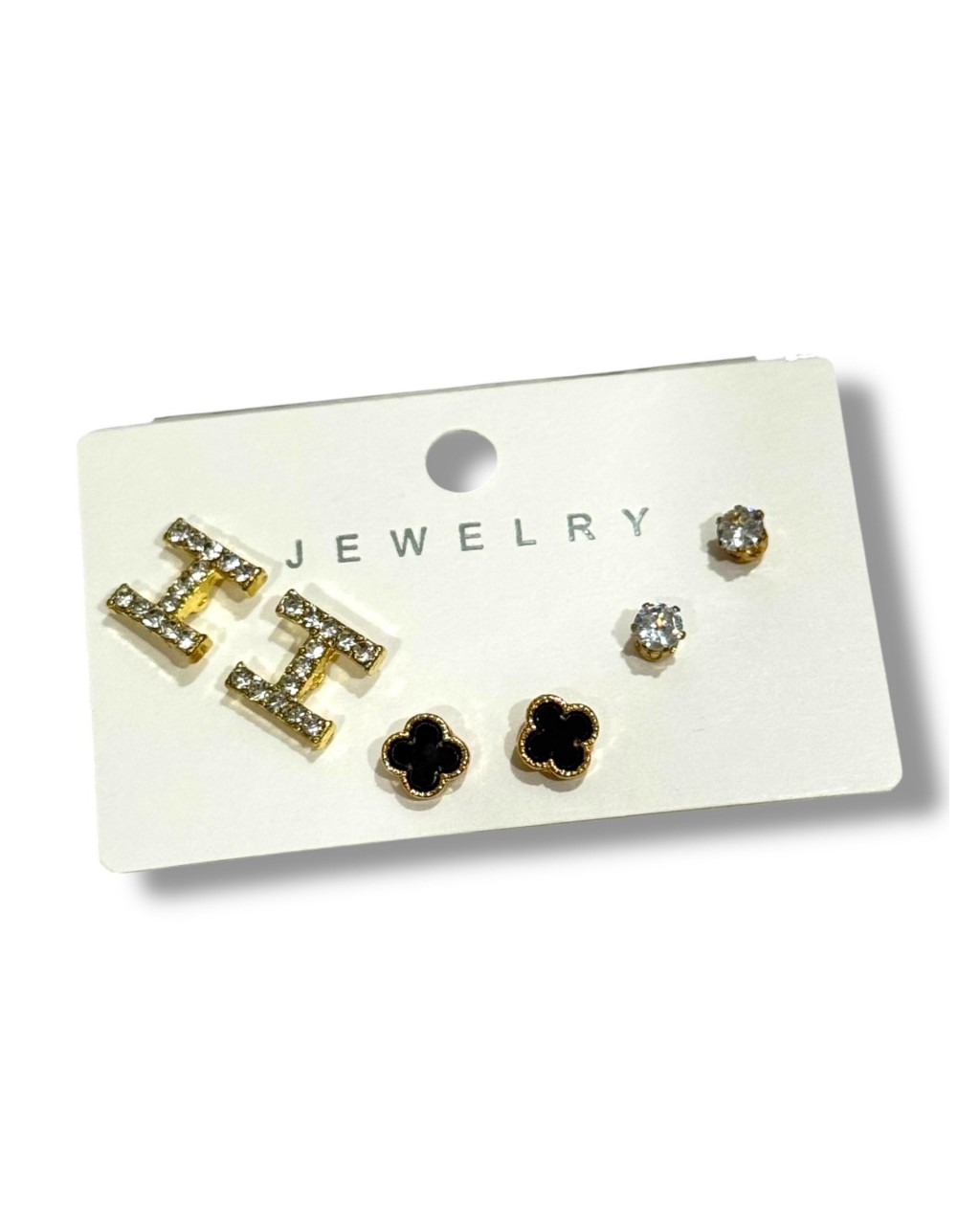 GOLD RENK KARIŞIK MODELLİ SİYAH ÇİÇEK DETAYLI 3 ÇİFT ÇELİK KÜPE