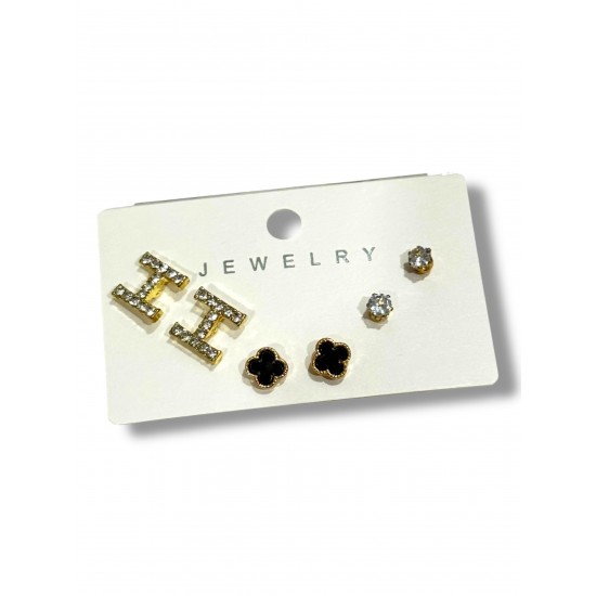 GOLD RENK KARIŞIK MODELLİ SİYAH ÇİÇEK DETAYLI 3 ÇİFT ÇELİK KÜPE