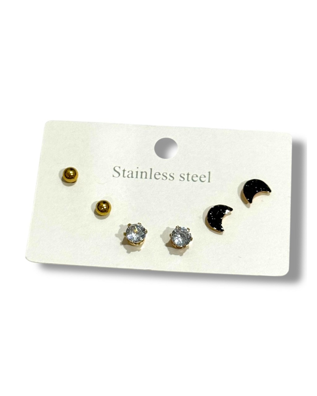 GOLD RENK KARIŞIK MODELLİ SİYAH AY DETAYLI 3 ÇİFT ÇELİK KÜPE