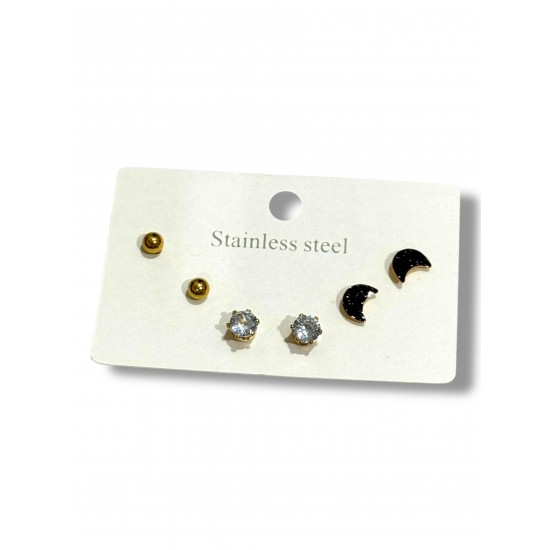GOLD RENK KARIŞIK MODELLİ SİYAH AY DETAYLI 3 ÇİFT ÇELİK KÜPE