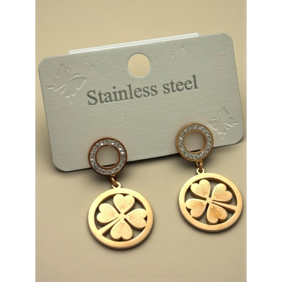 GOLD RENK YUVARLAK YONCA MODEL TAŞLI ÇELİK KÜPE