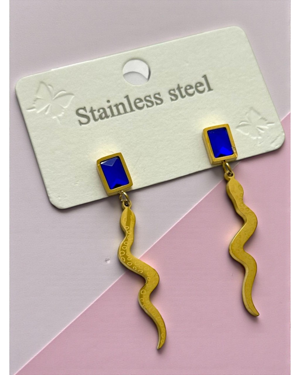 GOLD RENK MAVİ TAŞLI YILAN MODEL ÇELİK KÜPE