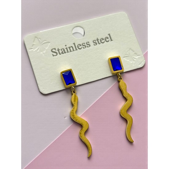 GOLD RENK MAVİ TAŞLI YILAN MODEL ÇELİK KÜPE