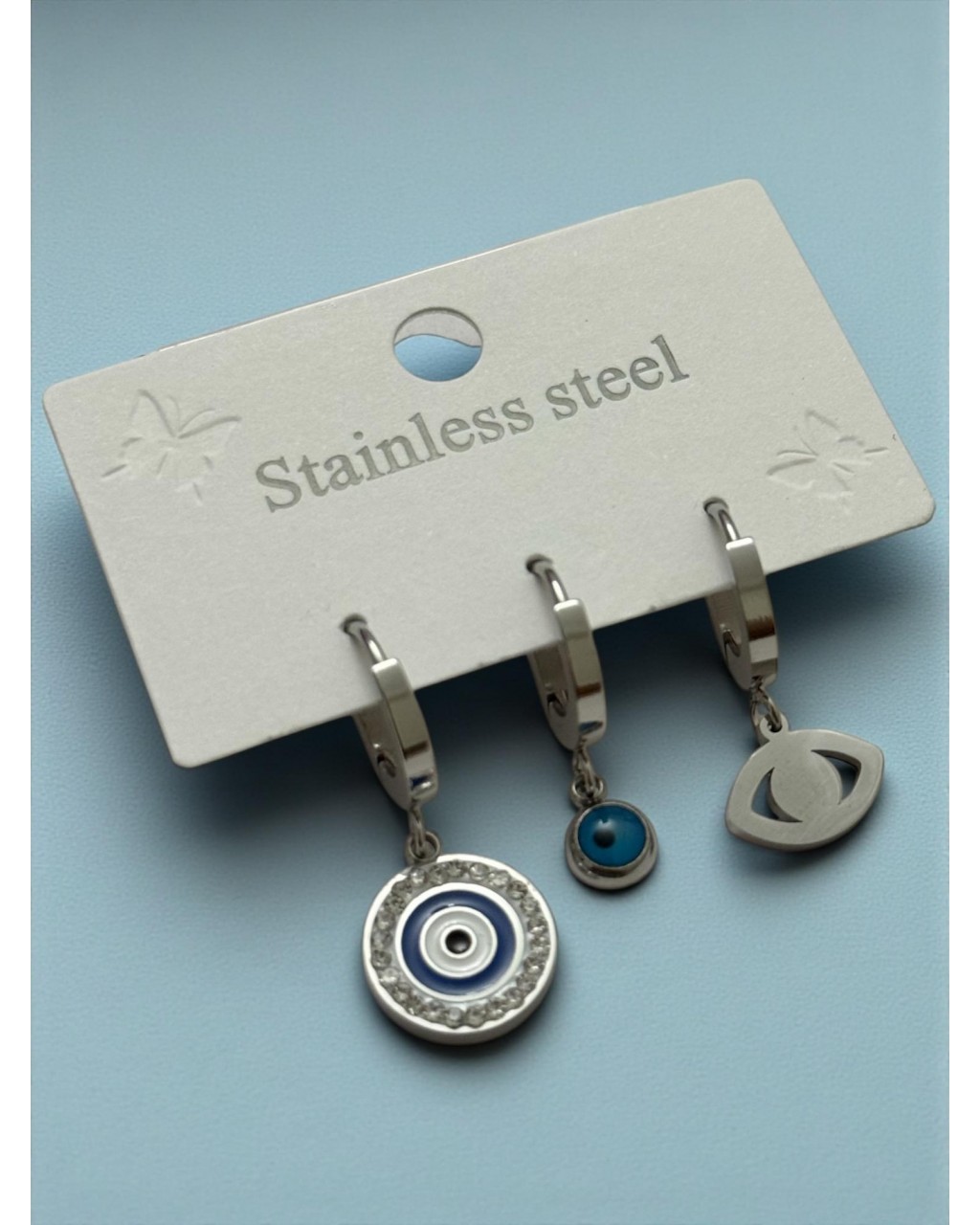 NAZARLI MODEL ÜÇLÜ SİLVER RENK ÇELİK KÜPE