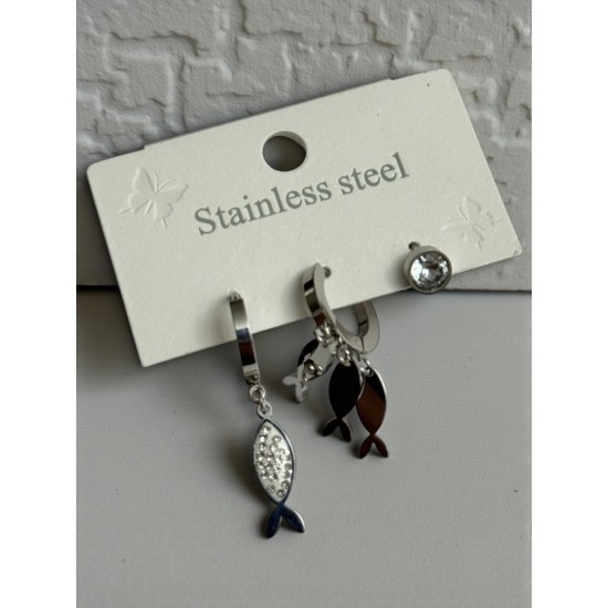 SİLVER RENK BALIK MODEL 3 LÜ ÇELİK KÜPE