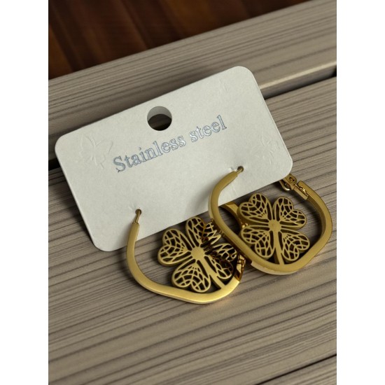 OVAL KENARLI KARE İÇİNDE YONCA MODEL GOLD RENK ÇELİK KÜPE