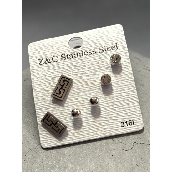 SİLVER RENK DİKDÖRTGEN MODEL ÜÇLÜ ÇELİK KÜPE