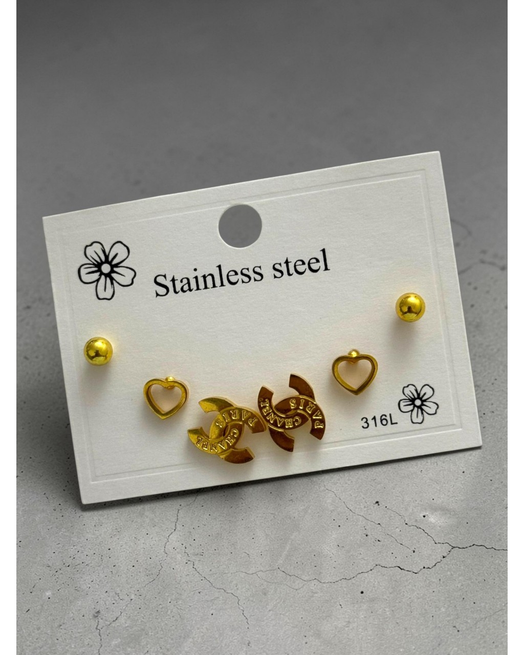 GOLD RENK CHANEL AMBLEM MODEL ÜÇLÜ ÇELİK KÜPE