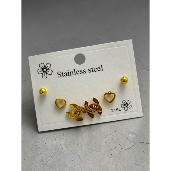 GOLD RENK CHANEL AMBLEM MODEL ÜÇLÜ ÇELİK KÜPE