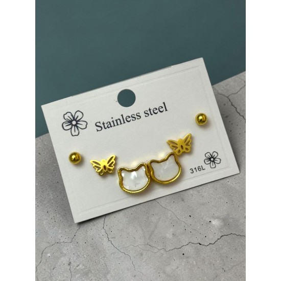 GOLD RENK SEDEFLİ KEDİ VE KELEBEK MODEL ÜÇLÜ ÇELİK KÜPE