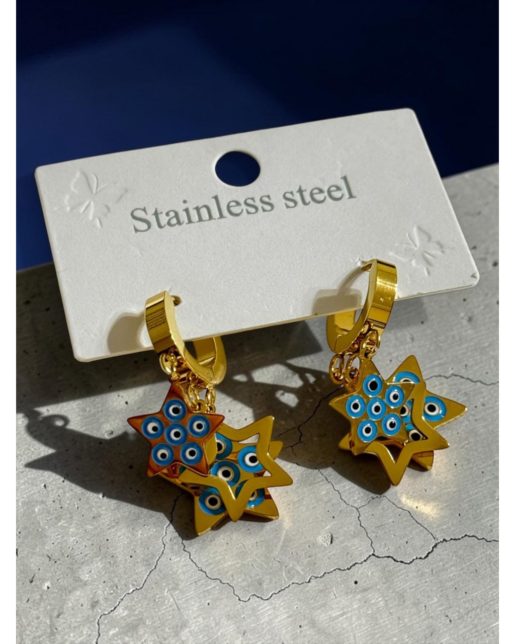 ÇOKLU NAZARLI YILDIZ MODEL GOLD RENK ÇELİK KÜPE