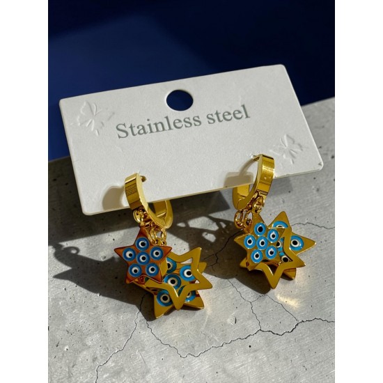 ÇOKLU NAZARLI YILDIZ MODEL GOLD RENK ÇELİK KÜPE