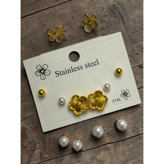 ÇİÇEKLİ MODEL SARI RENK İNCİLİ ÇELİK ÇOKLU KÜPE