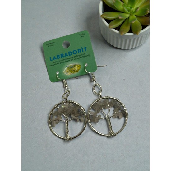 YUVARLAK MODEL HAYAT AĞACI LABRADORİT TAŞI KÜPE