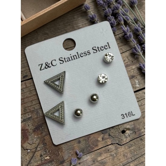 ÜÇGEN MODEL GÜMÜŞ RENK ÇELİK ÇOKLU KÜPE