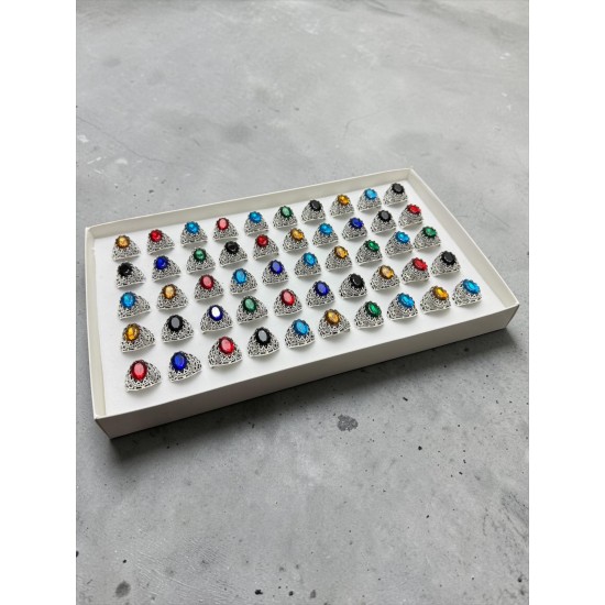 50 ADET RENKLİ KRİSTAL KESİM TAŞLI ERKEK YÜZÜK